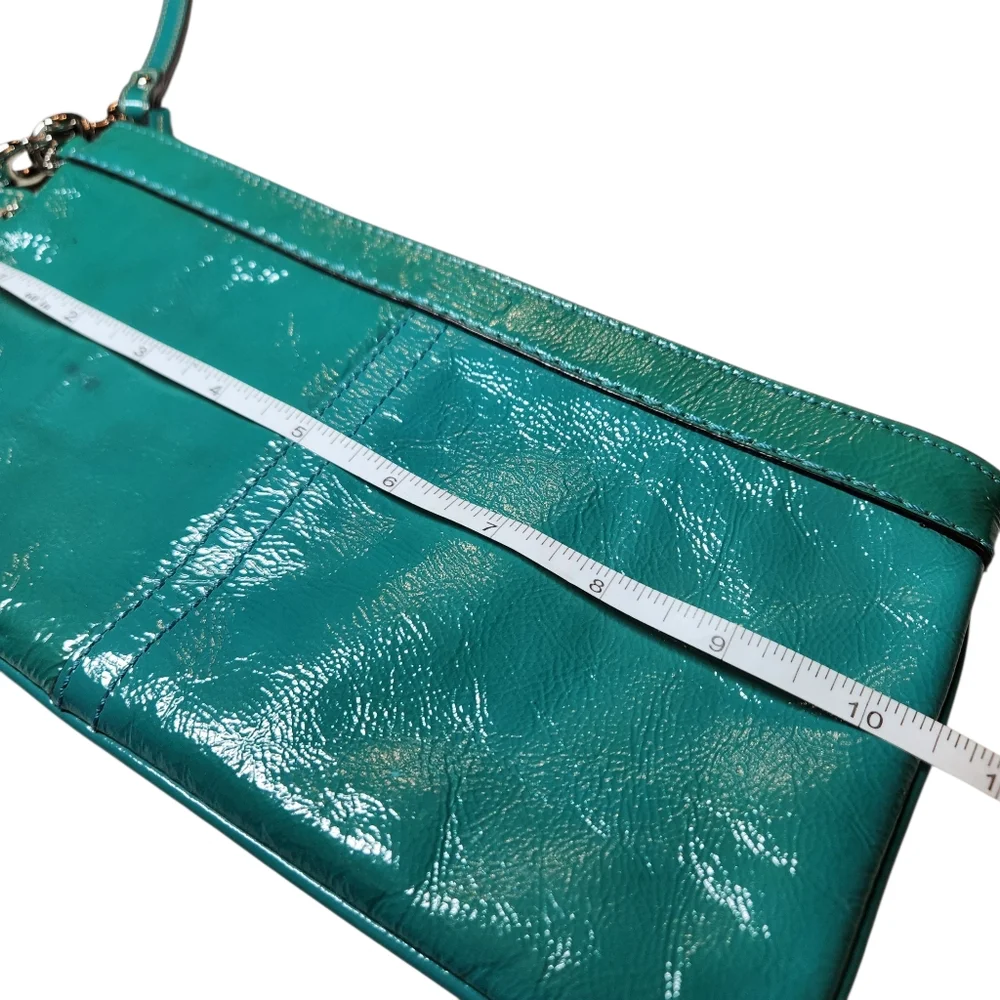 Coach Turquoise Teal‎ Oversized Wristlet Clutch Bag Patent Leather Wrist Strap